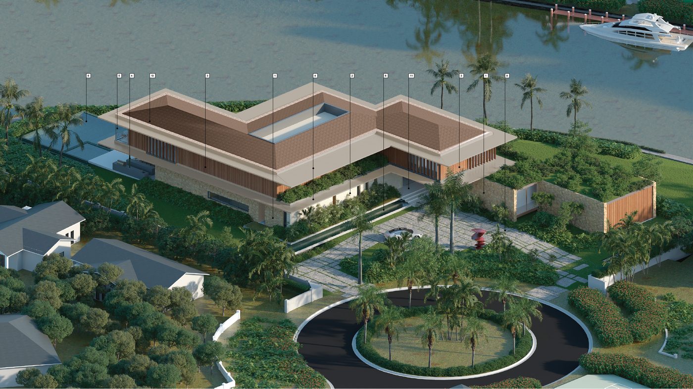 Rendering of an upcoming waterfront custom home in Coral Gables