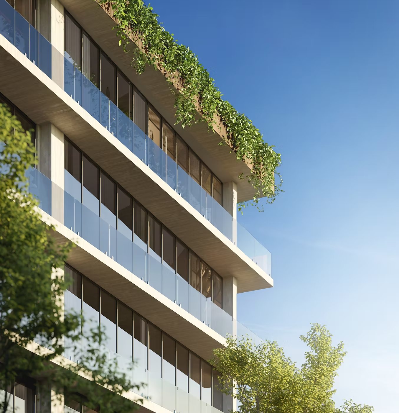 Rendering of a boutique commercial building in Coconut Grove with continuous frameless glass balcony railings