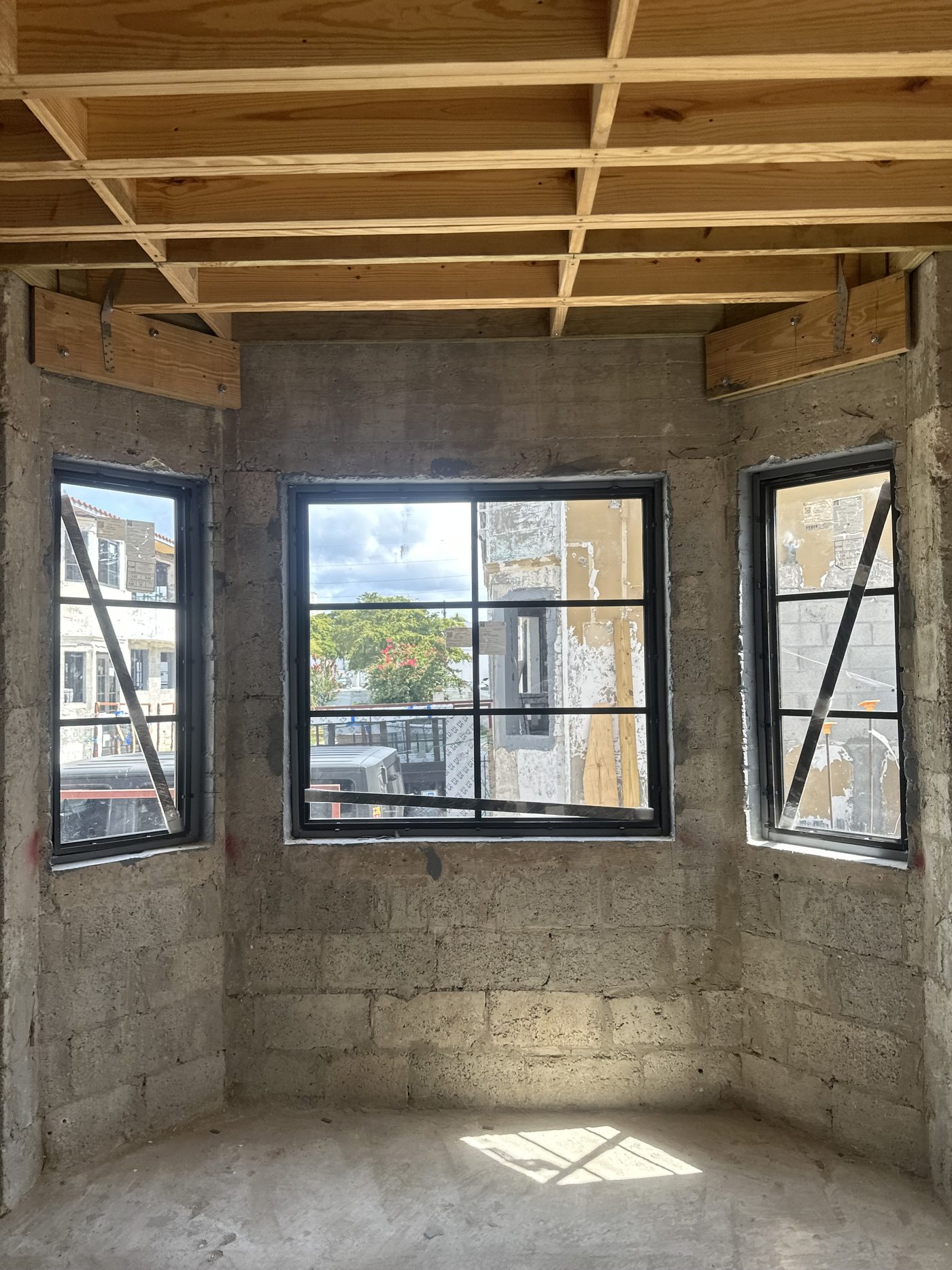 Three-sided bay window from inside