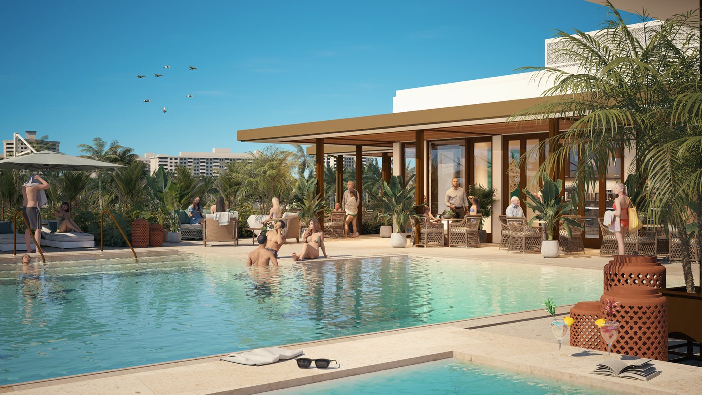 Rendering of an upcoming commercial project in Miami Beach with a wall of glass doors opening to the pool deck