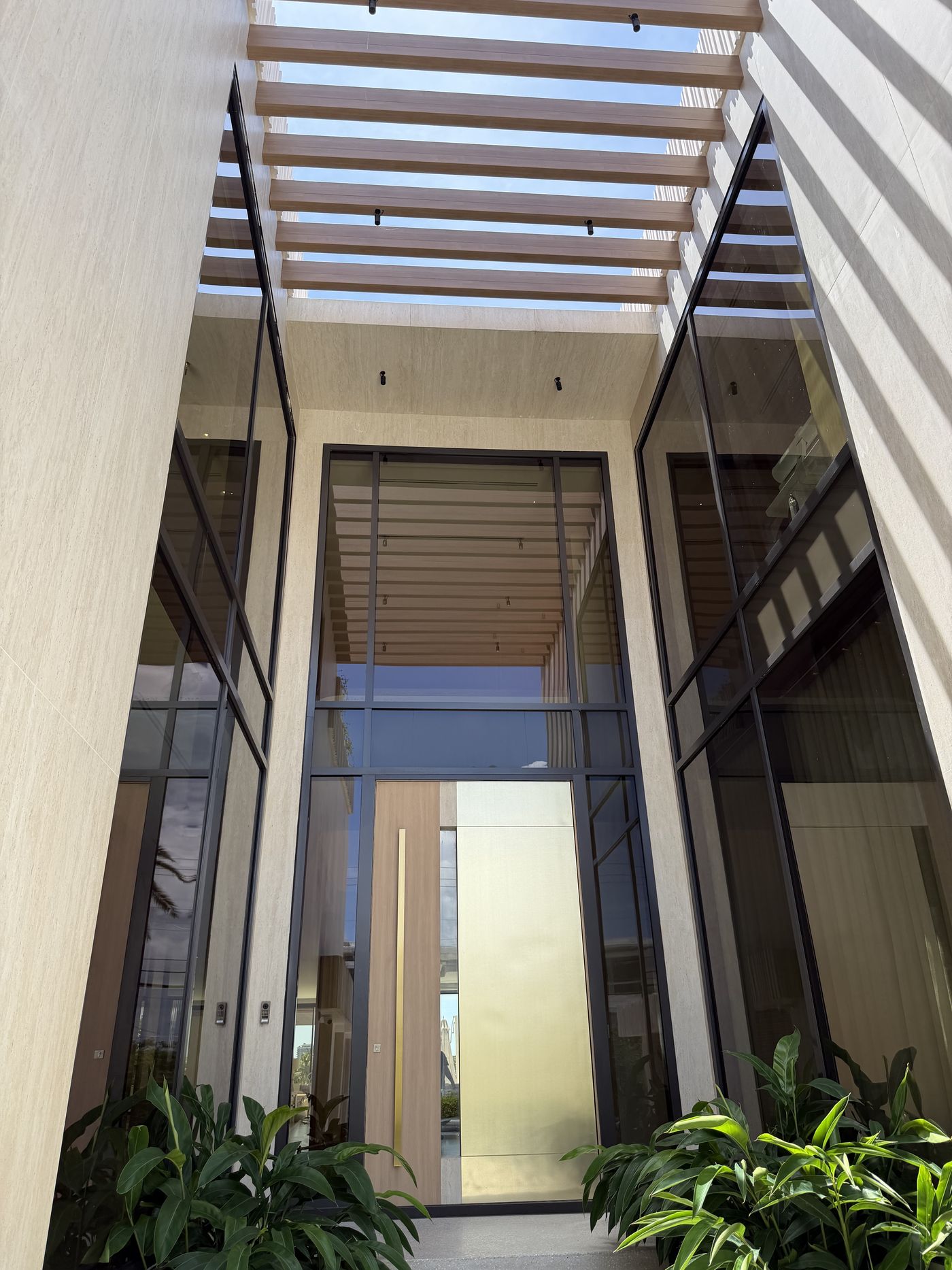 Double-height ESW curtain wall framing the entry, under a wood slat pergola